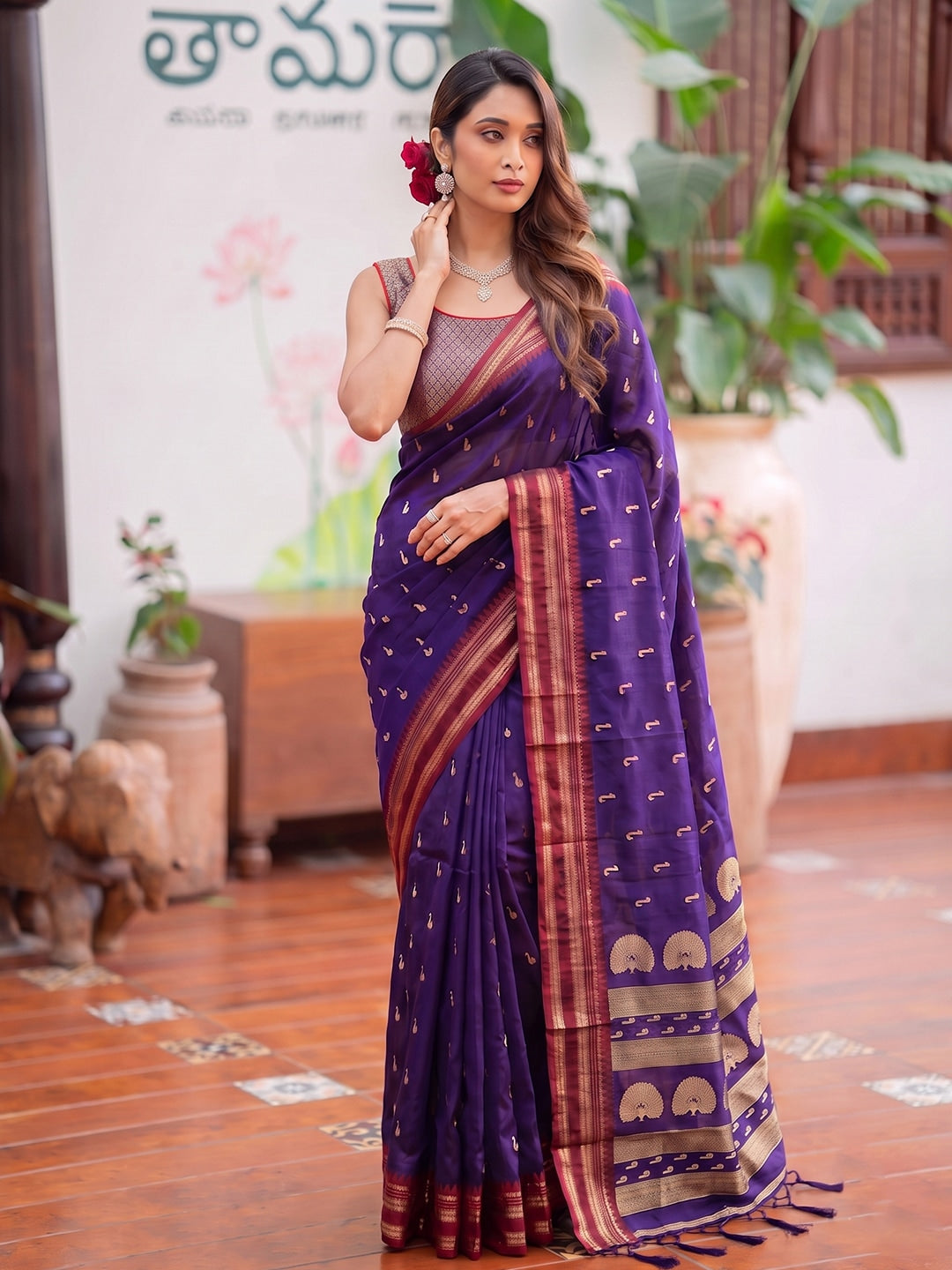 Peachmode Purple Soft Silk Woven Saree - Image 1