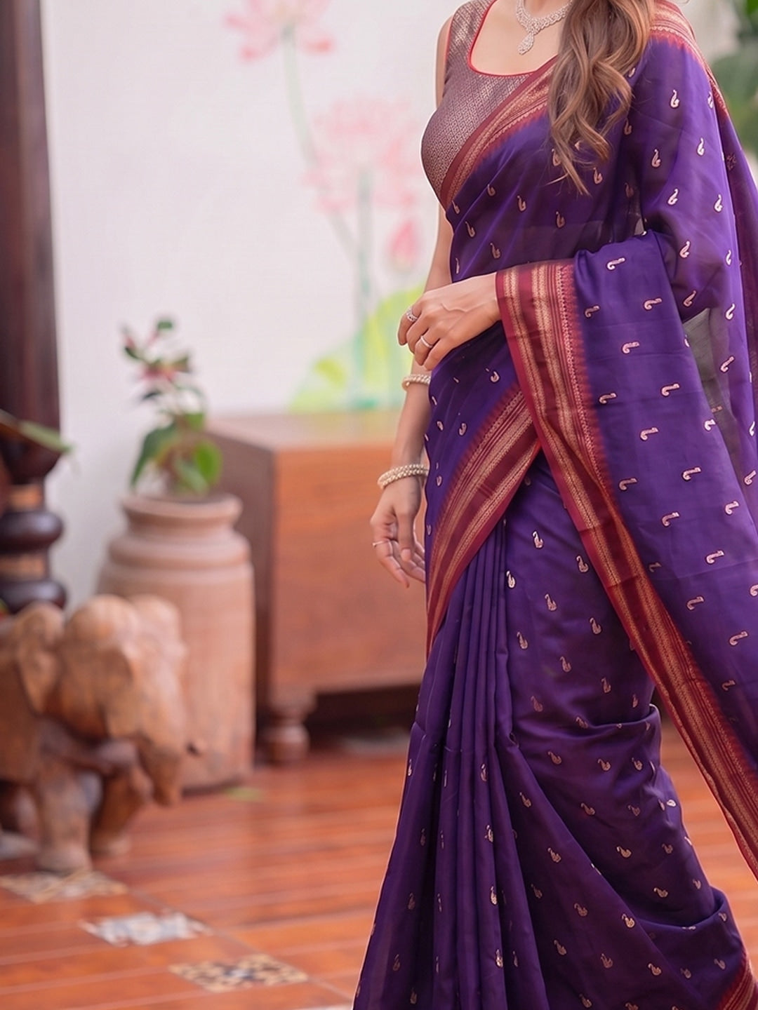 Peachmode Purple Soft Silk Woven Saree - Image 5