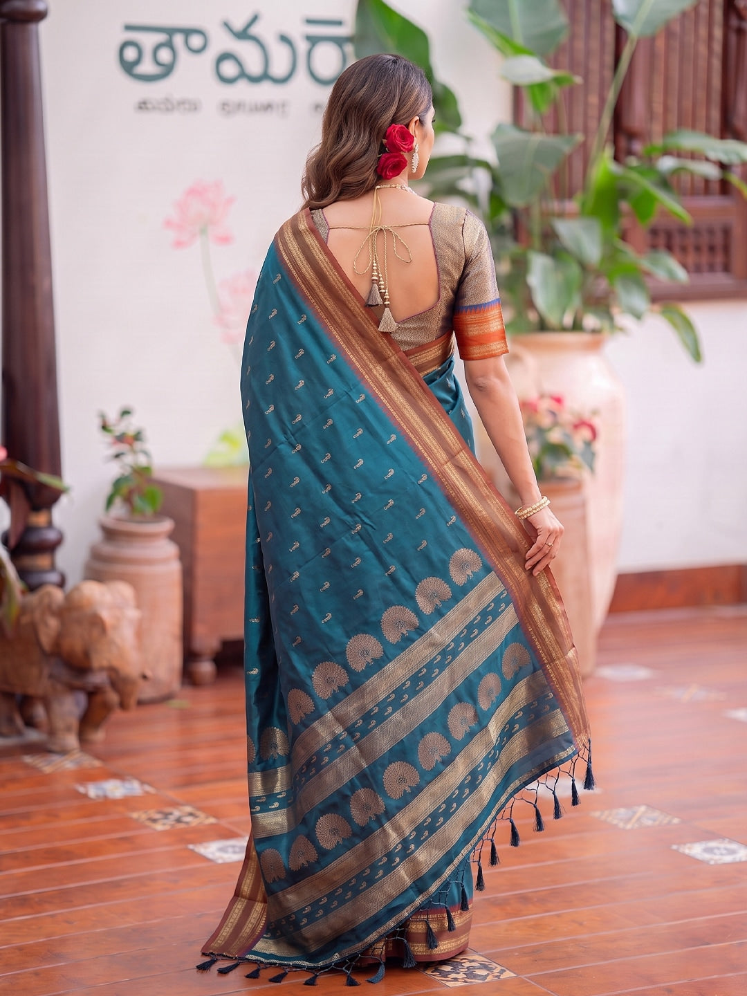 Peachmode Rama Blue Soft Silk Woven Saree - Image 2
