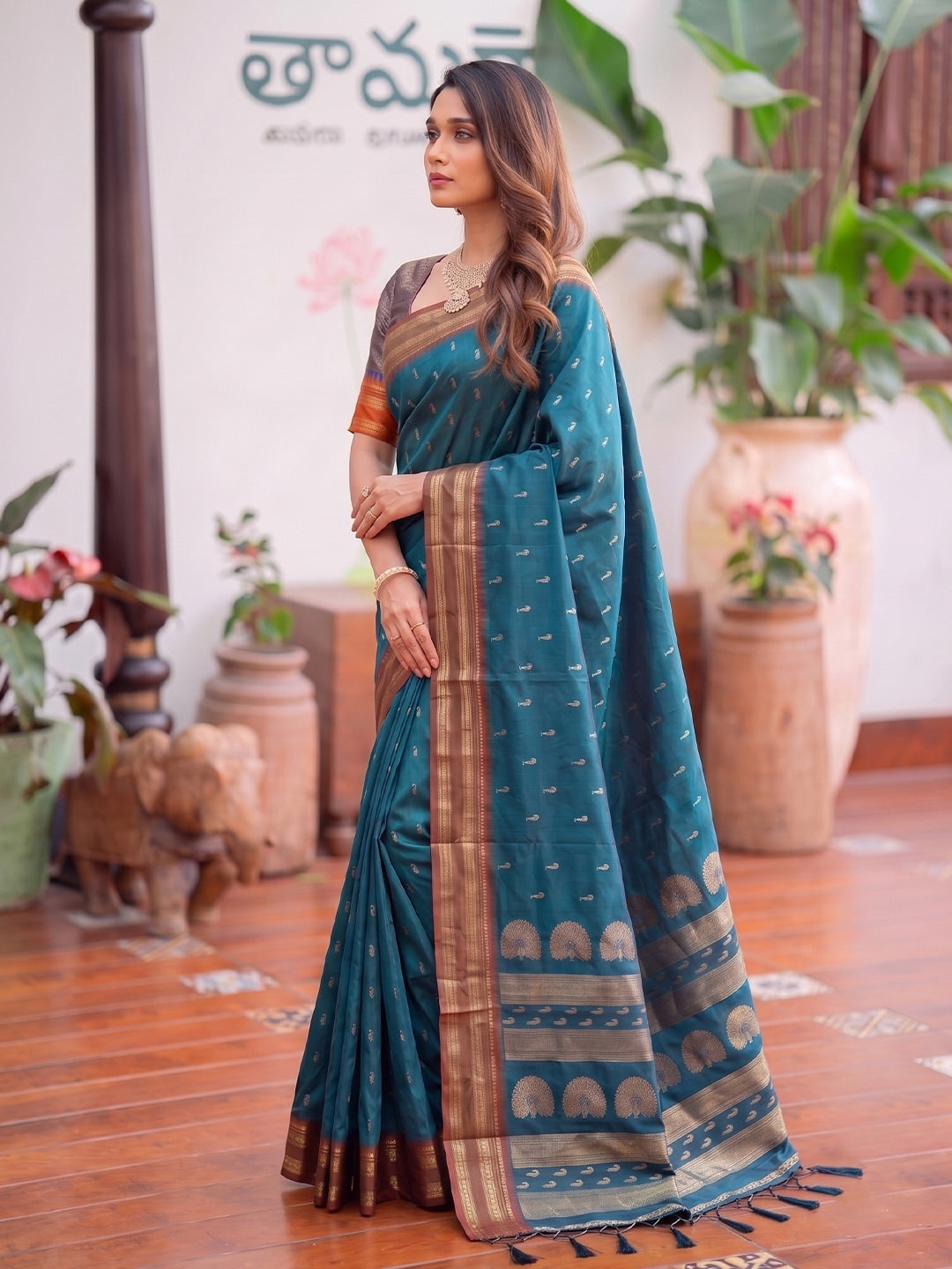 Peachmode Rama Blue Soft Silk Woven Saree - Image 3