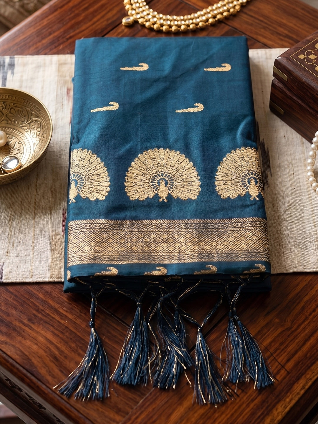 Peachmode Rama Blue Soft Silk Woven Saree - Image 4