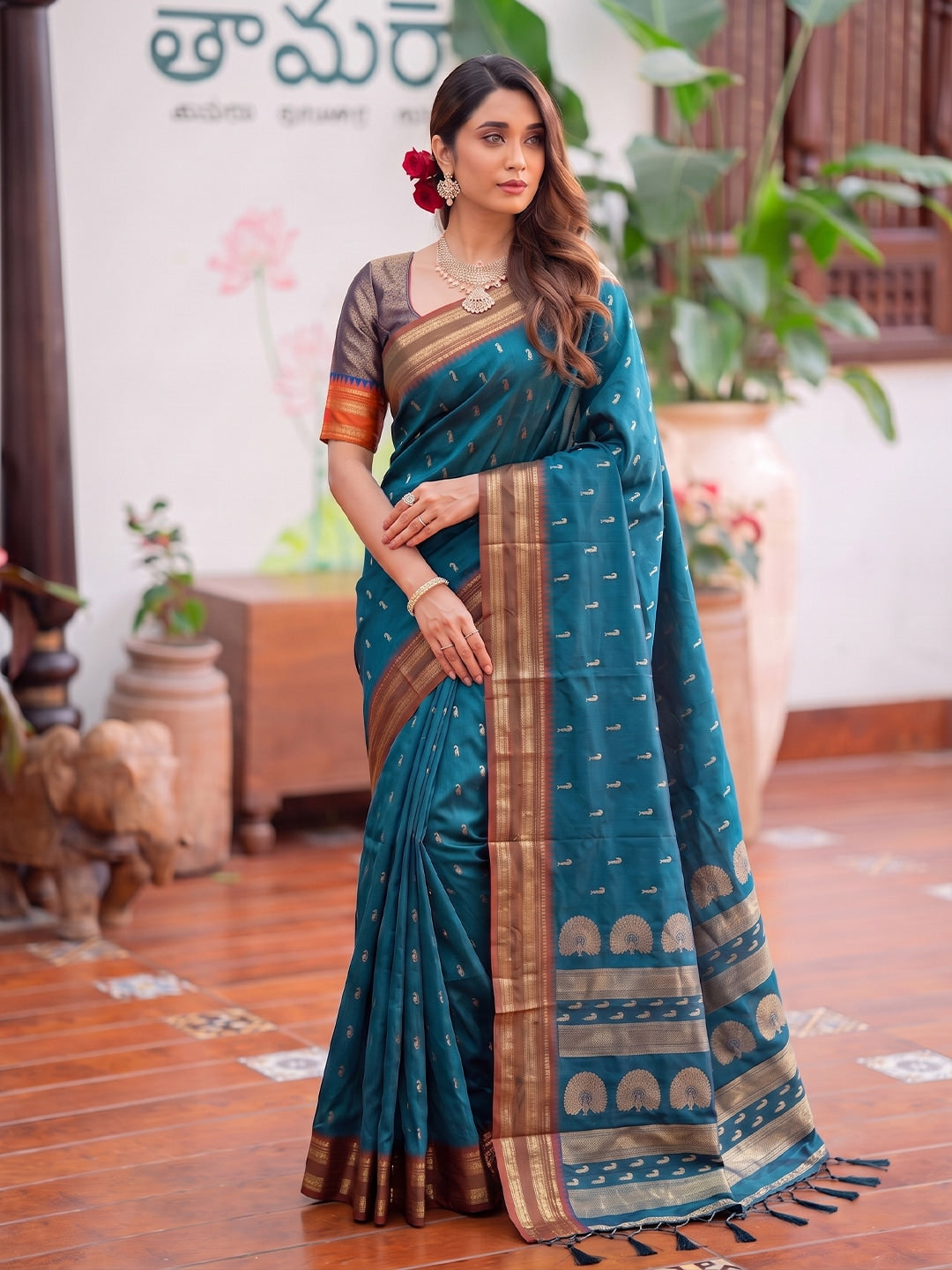 Peachmode Rama Blue Soft Silk Woven Saree - Image 1