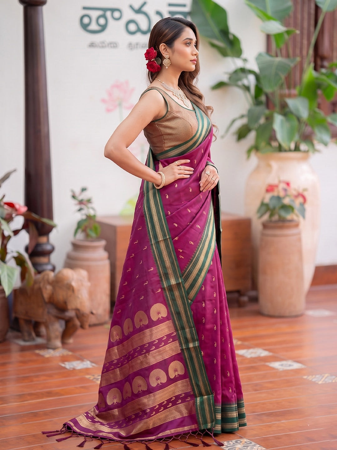 Peachmode Dark Pink Soft Silk Woven Saree - Image 2
