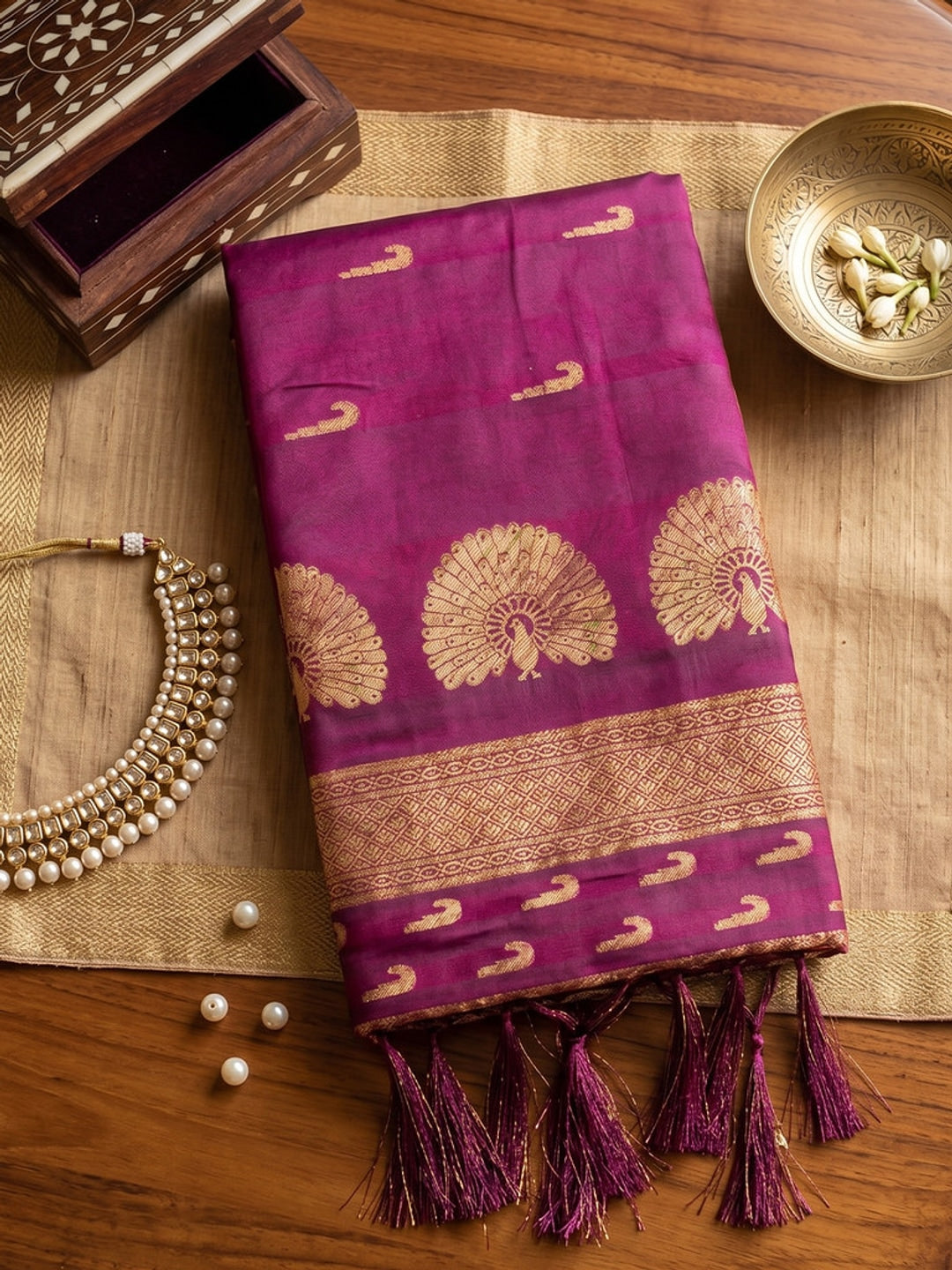 Peachmode Dark Pink Soft Silk Woven Saree - Image 4