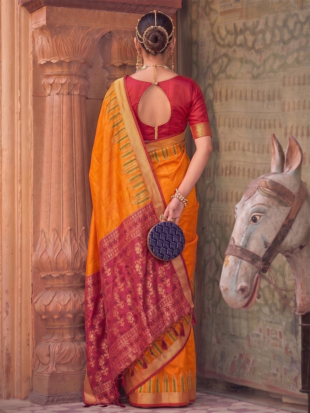 Peachmode Orange Yellow Soft Silk Woven Saree - Image 2