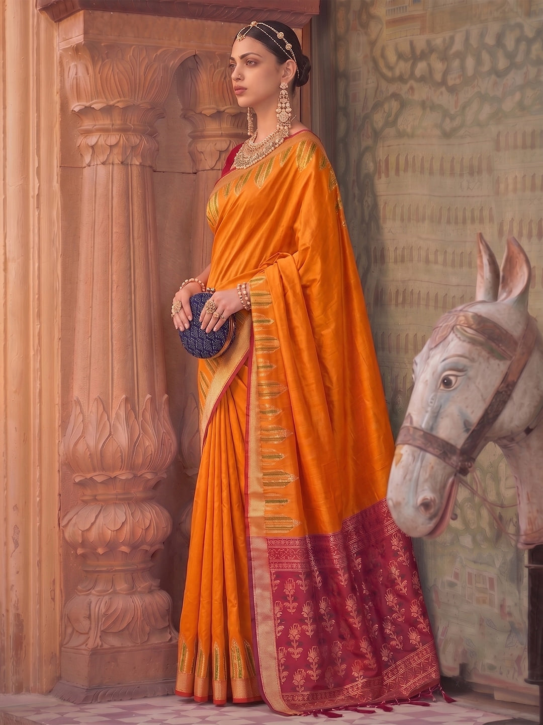Peachmode Orange Yellow Soft Silk Woven Saree - Image 3
