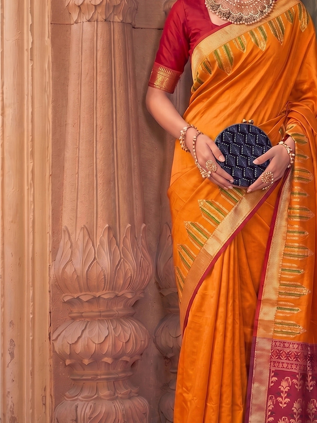 Peachmode Orange Yellow Soft Silk Woven Saree - Image 5