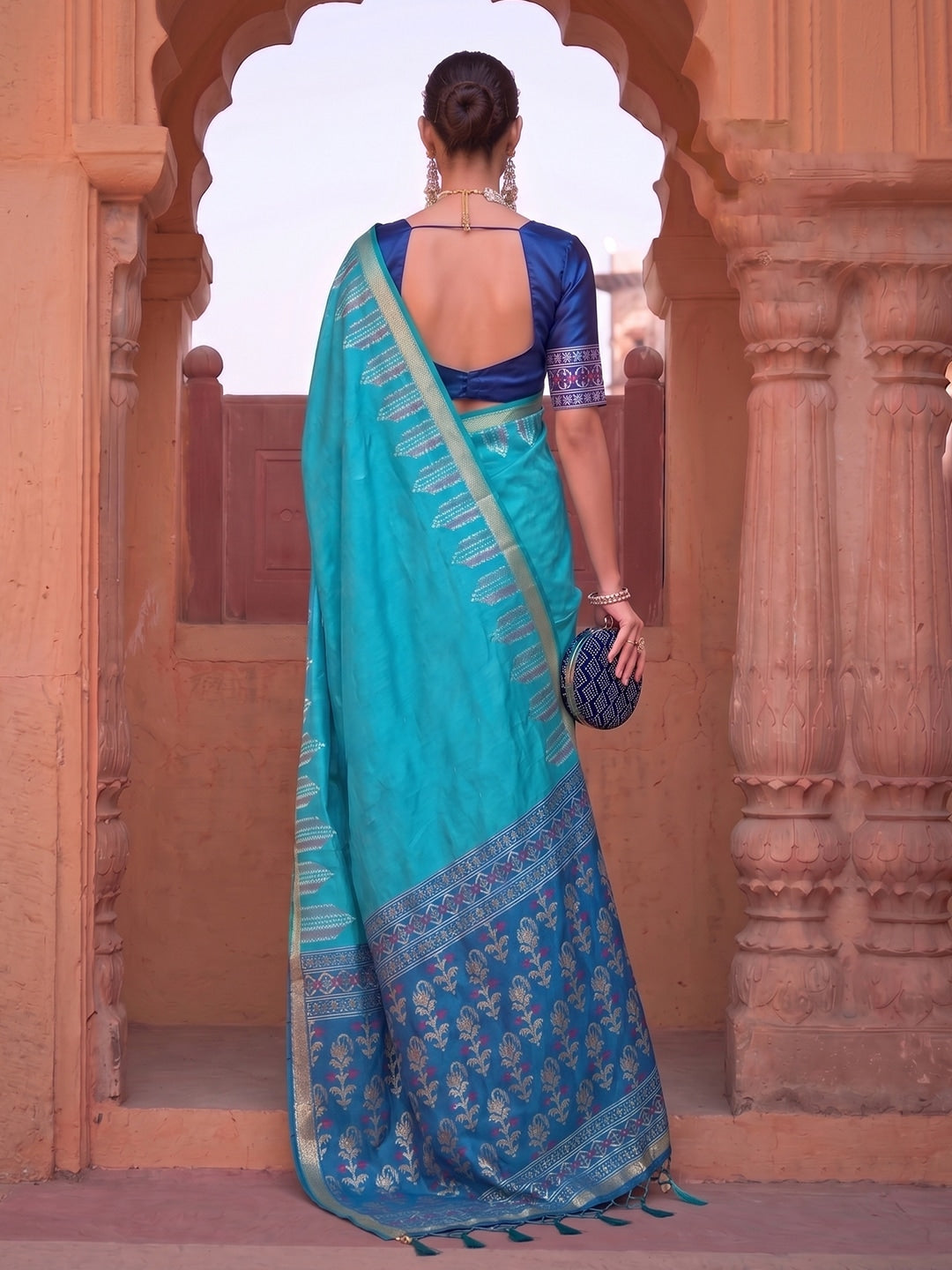 Peachmode Sky Blue Soft Silk Woven Saree - Image 2