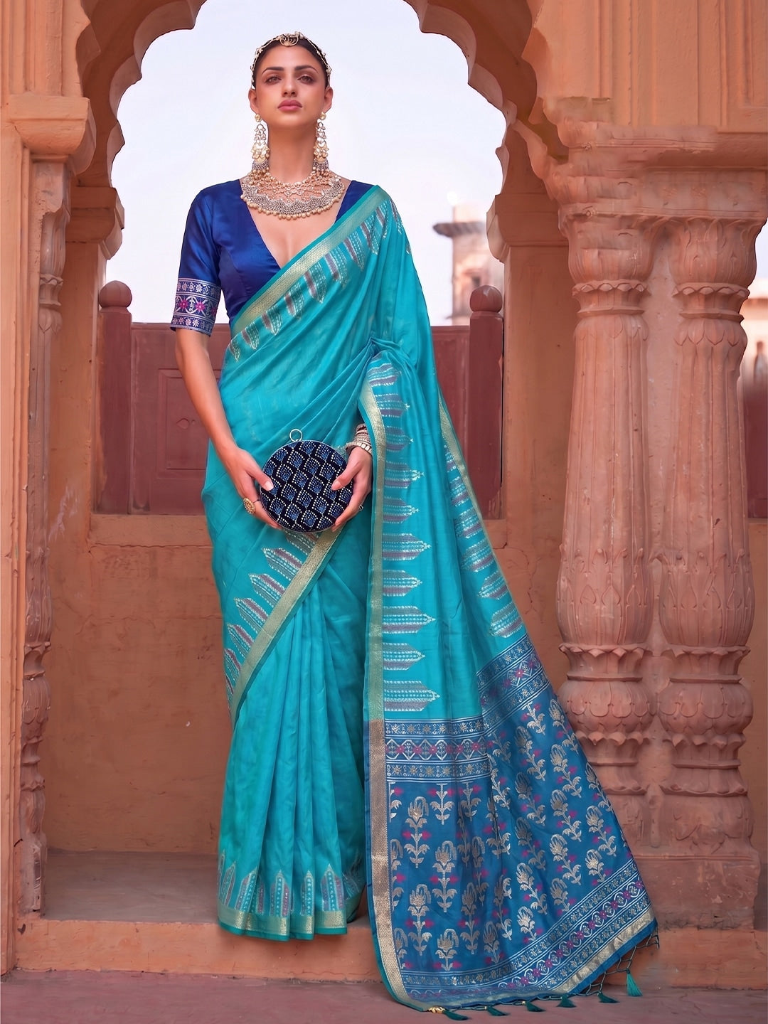 Peachmode Sky Blue Soft Silk Woven Saree - Image 1