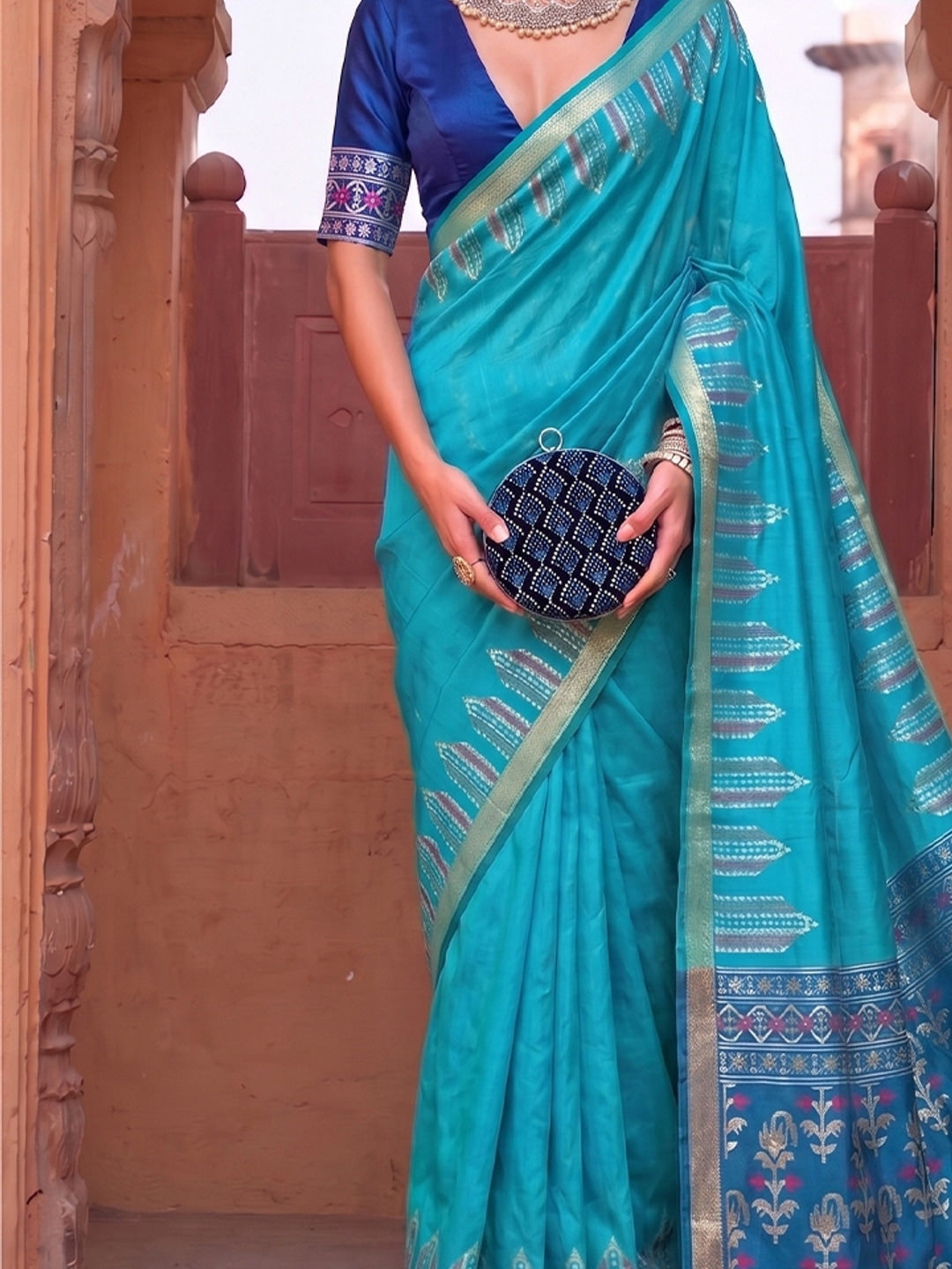 Peachmode Sky Blue Soft Silk Woven Saree - Image 5