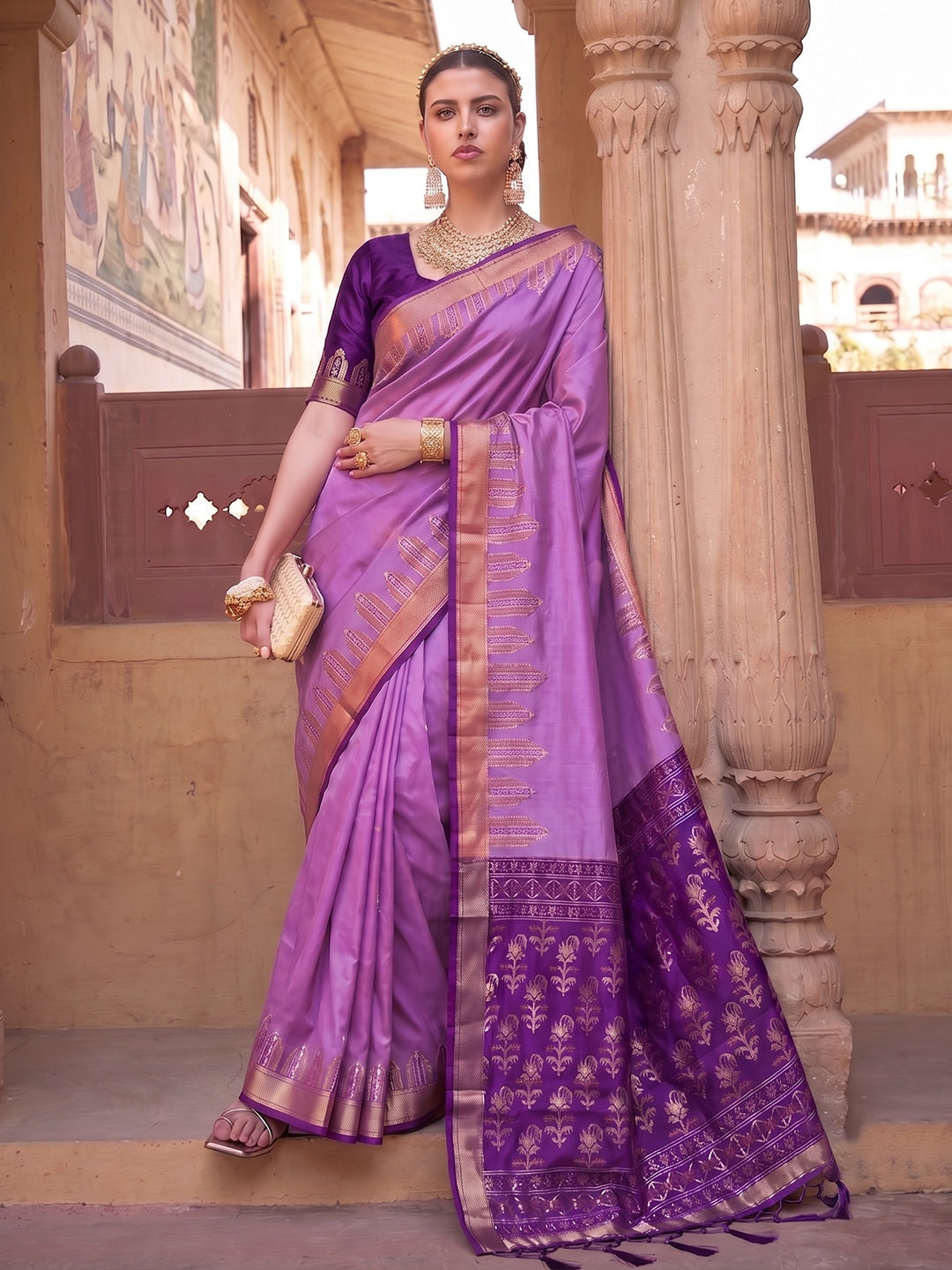 Peachmode Violet Soft Silk Woven Saree - Image 1