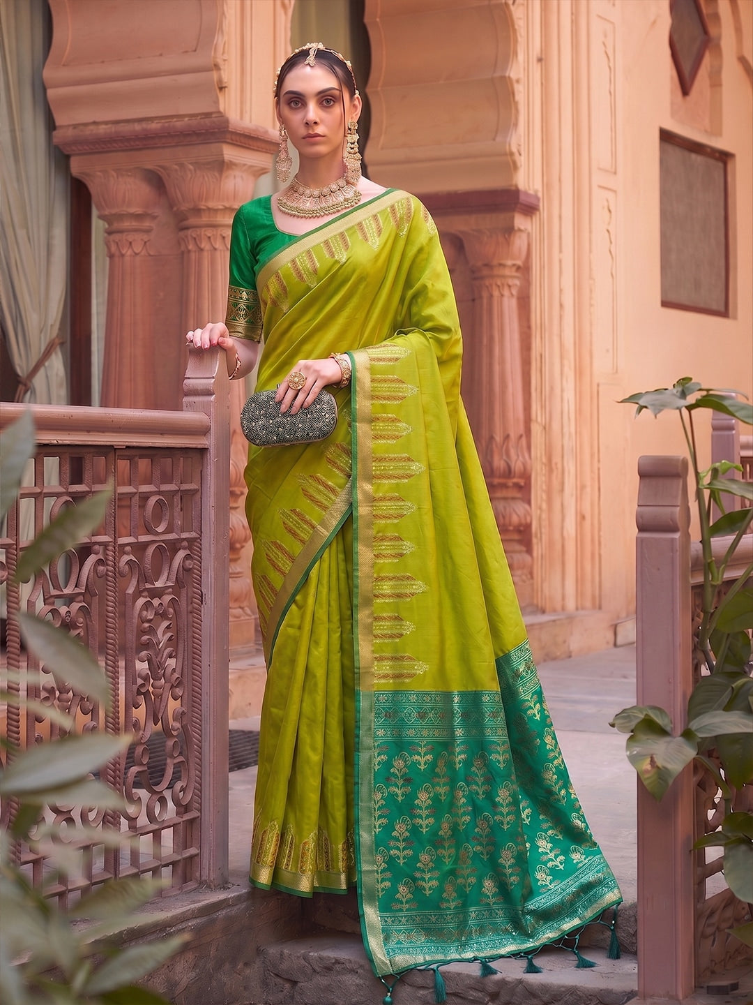 Peachmode Mustrd Green Soft Silk Woven Saree - Image 1