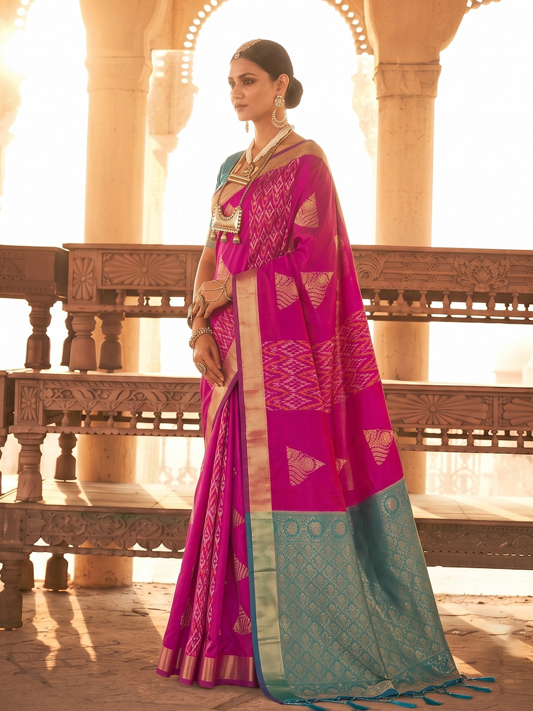 Peachmode Magenta Soft Silk Woven Saree - Image 3