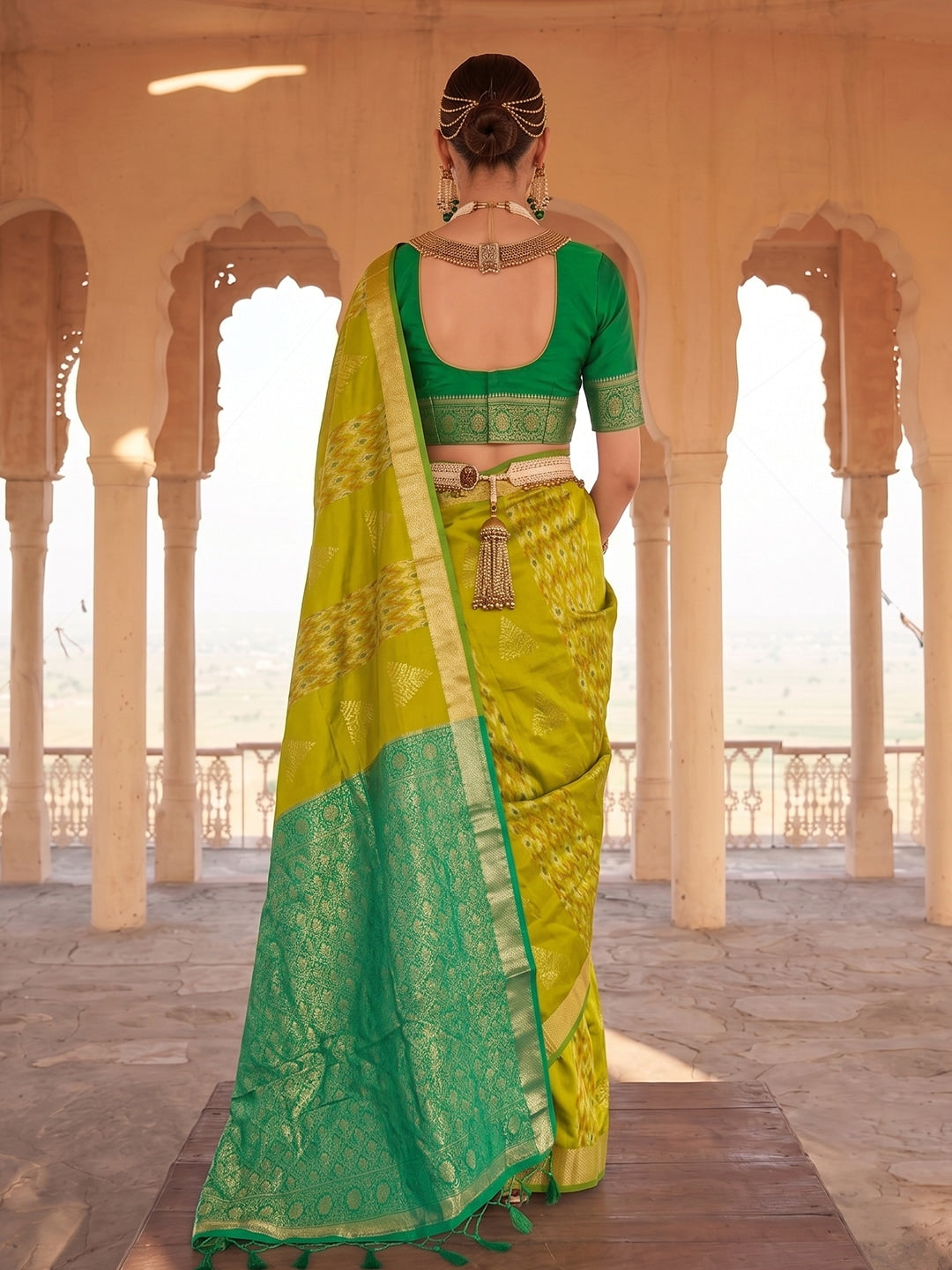 Peachmode Mustard Green Soft Silk Woven Saree - Image 2