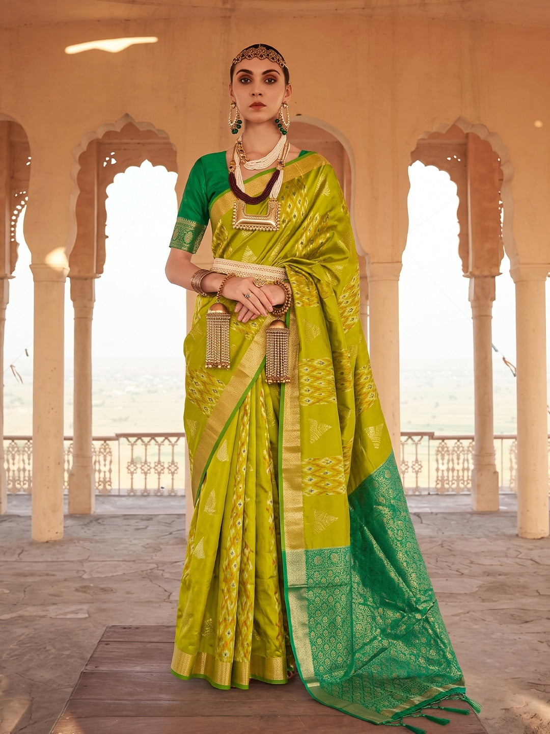Peachmode Mustard Green Soft Silk Woven Saree - Image 1