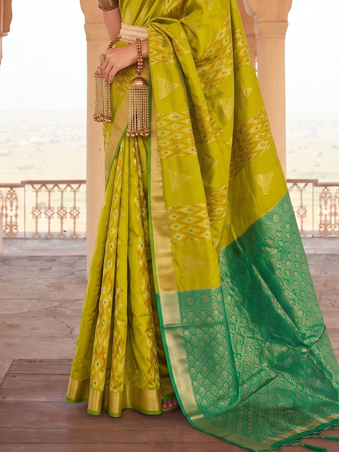 Peachmode Mustard Green Soft Silk Woven Saree - Image 4