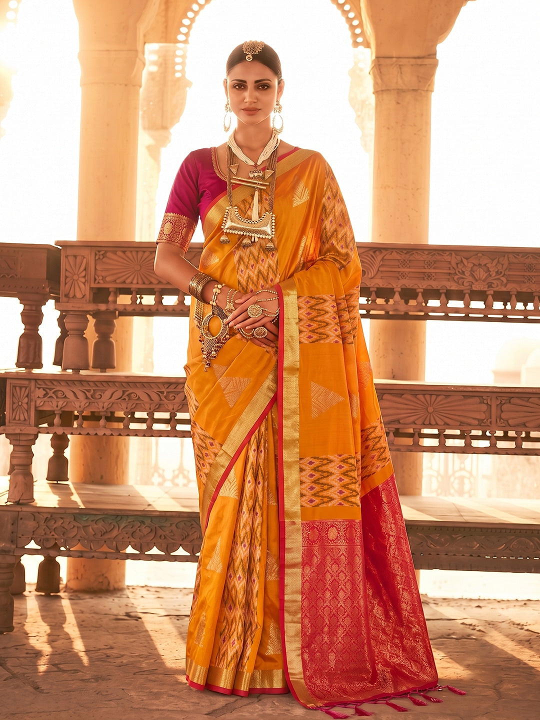 Peachmode Orange Soft Silk Woven Saree - Image 1