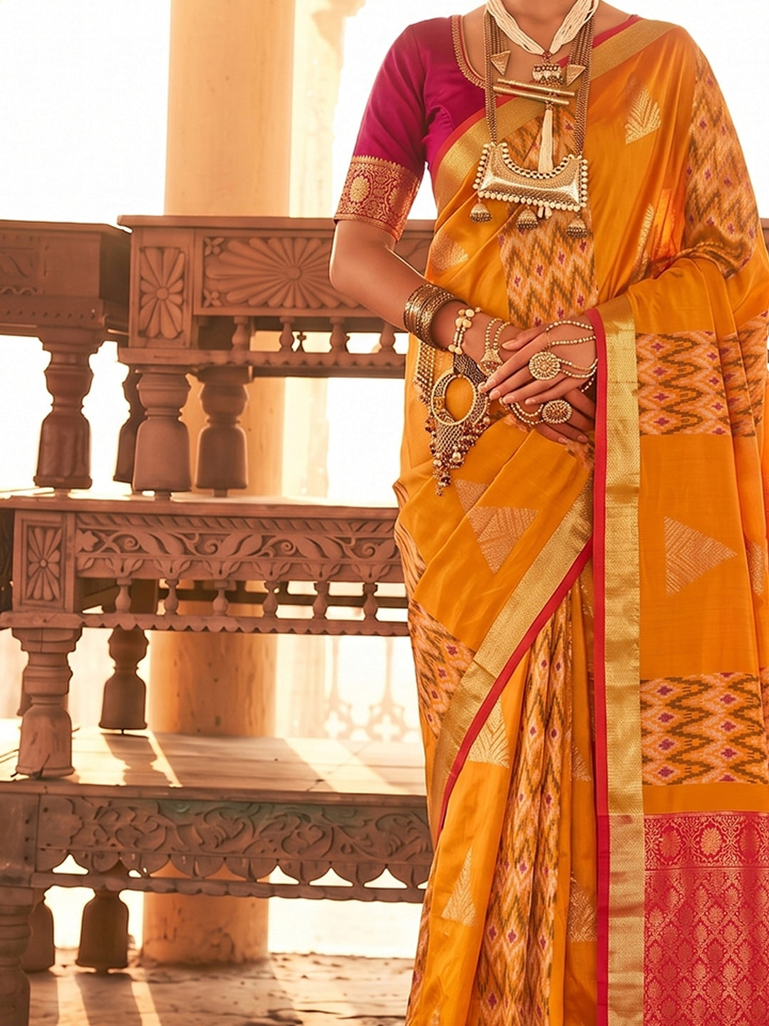 Peachmode Orange Soft Silk Woven Saree - Image 5