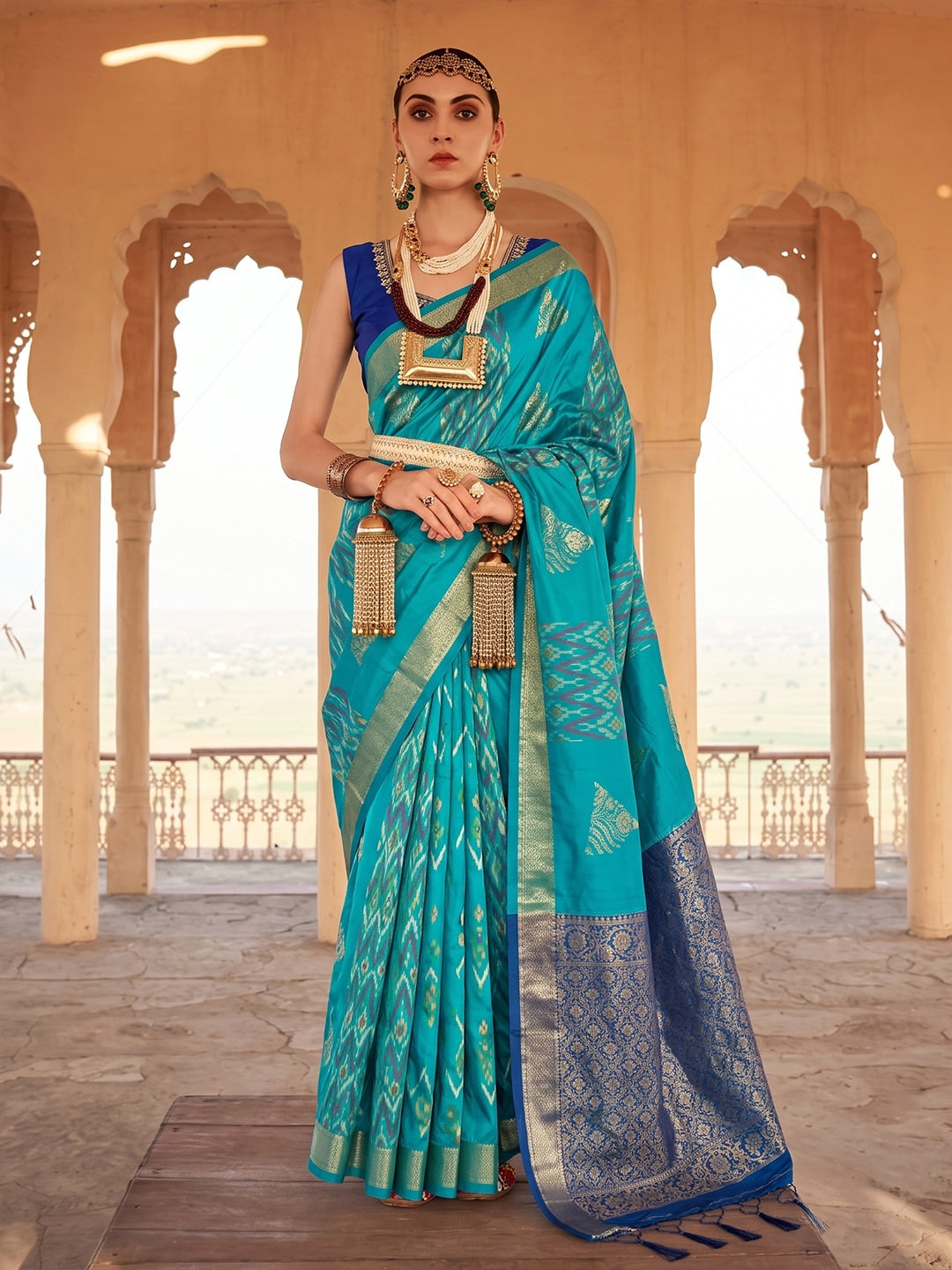 Peachmode Sky Blue Soft Silk Woven Saree - Image 1