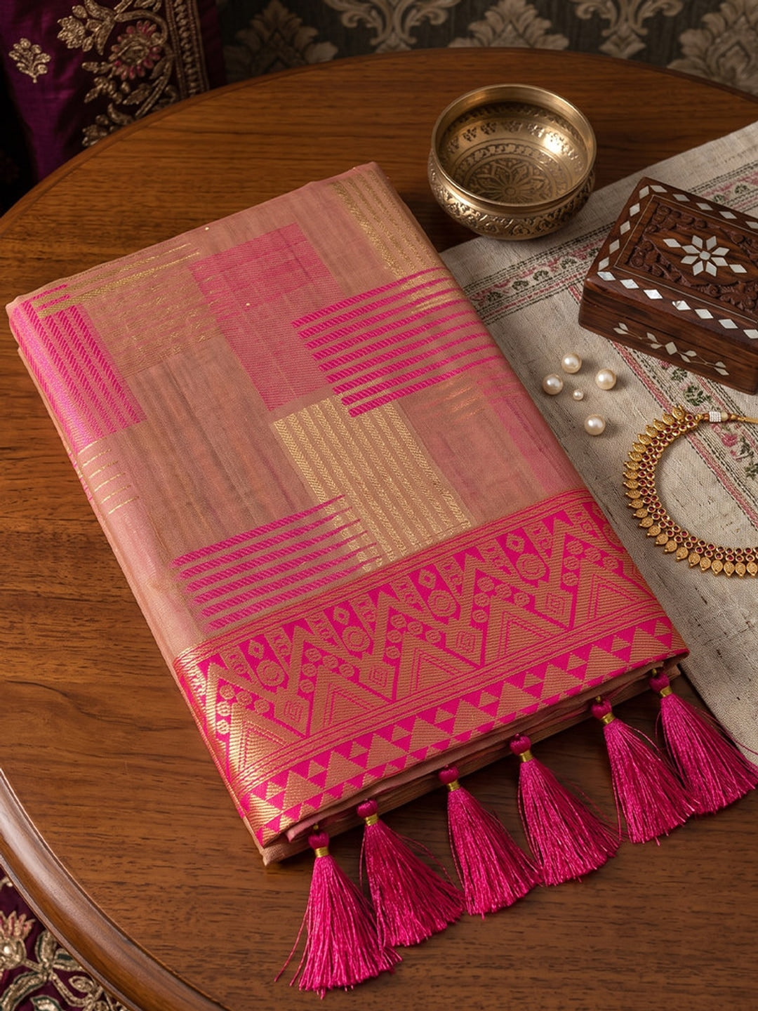 Peachmode Beige & Pink Linen Cotton Woven Saree - Image 5