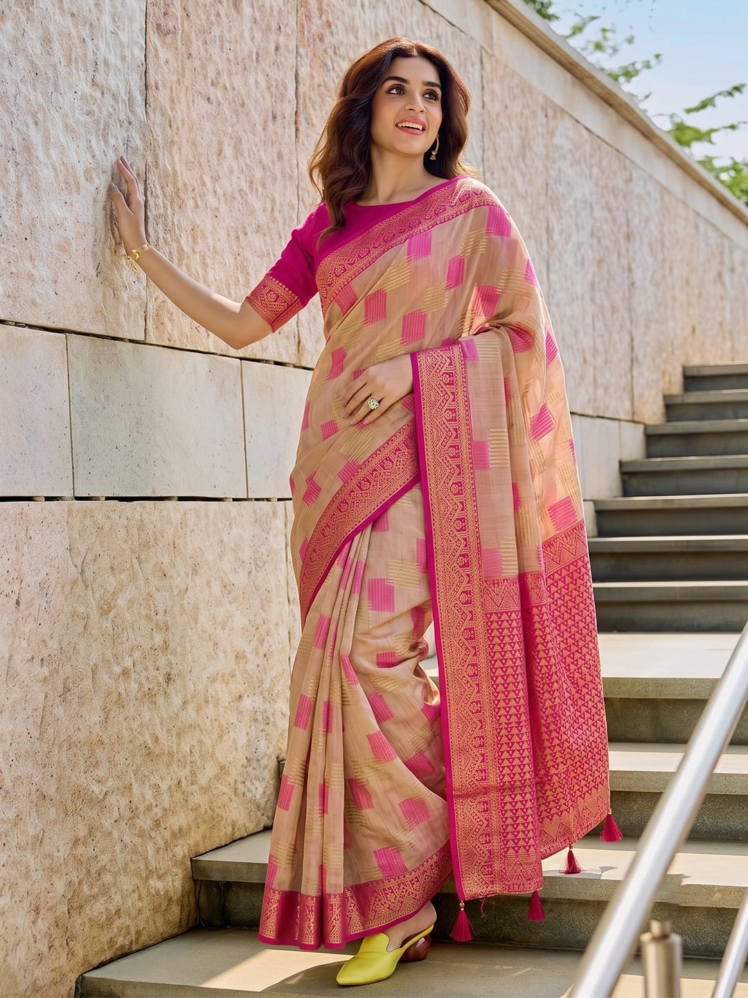 Peachmode Beige & Pink Linen Cotton Woven Saree - Image 1