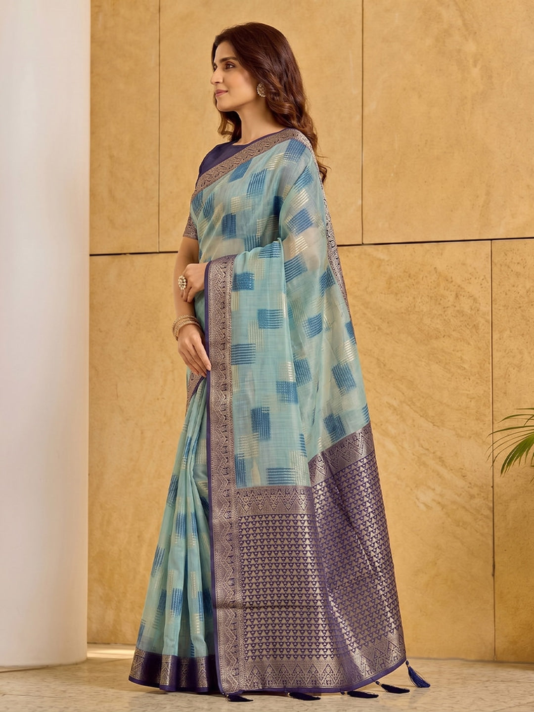 Peachmode Sky Blue Linen Cotton Woven Saree - Image 2