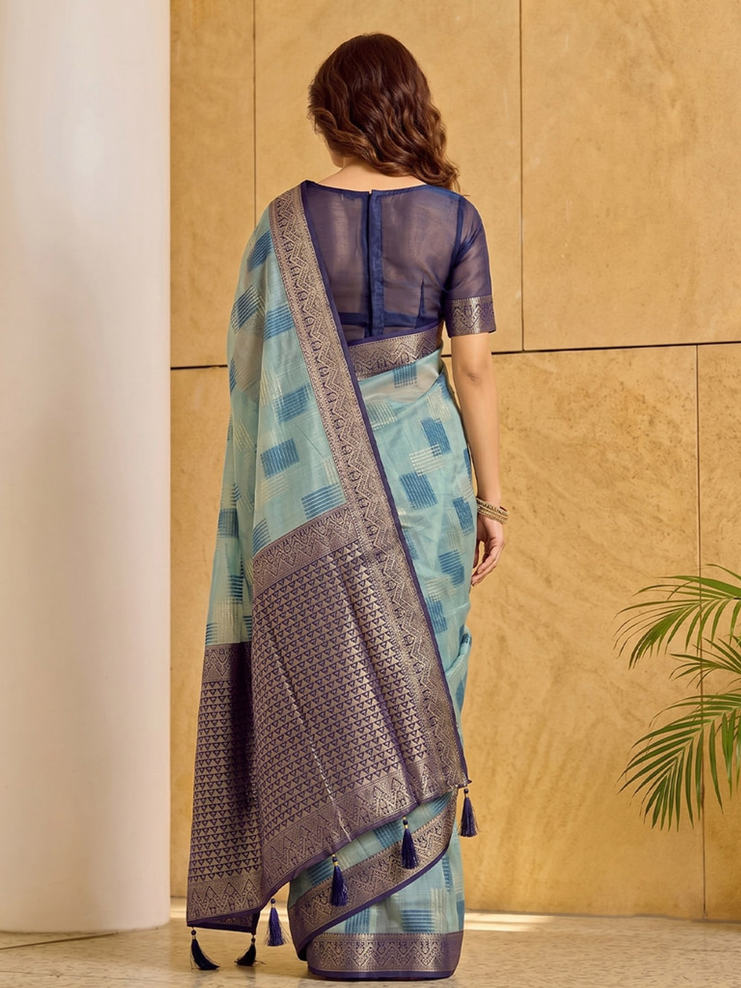 Peachmode Sky Blue Linen Cotton Woven Saree - Image 3