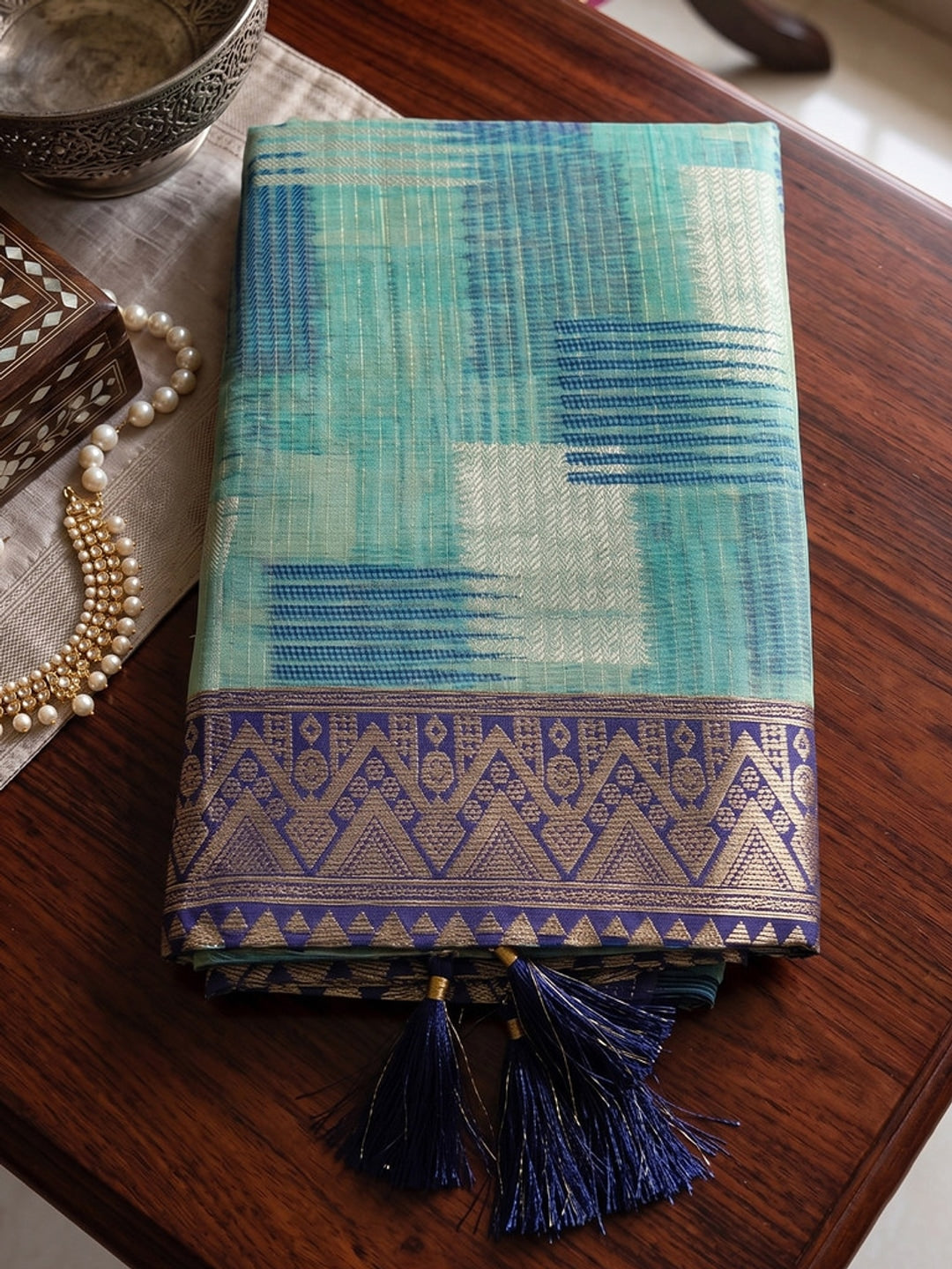 Peachmode Sky Blue Linen Cotton Woven Saree - Image 4