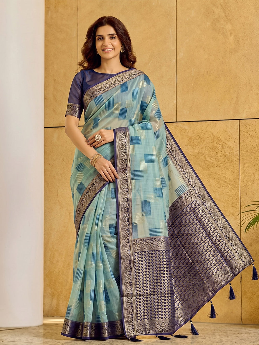 Peachmode Sky Blue Linen Cotton Woven Saree - Image 1