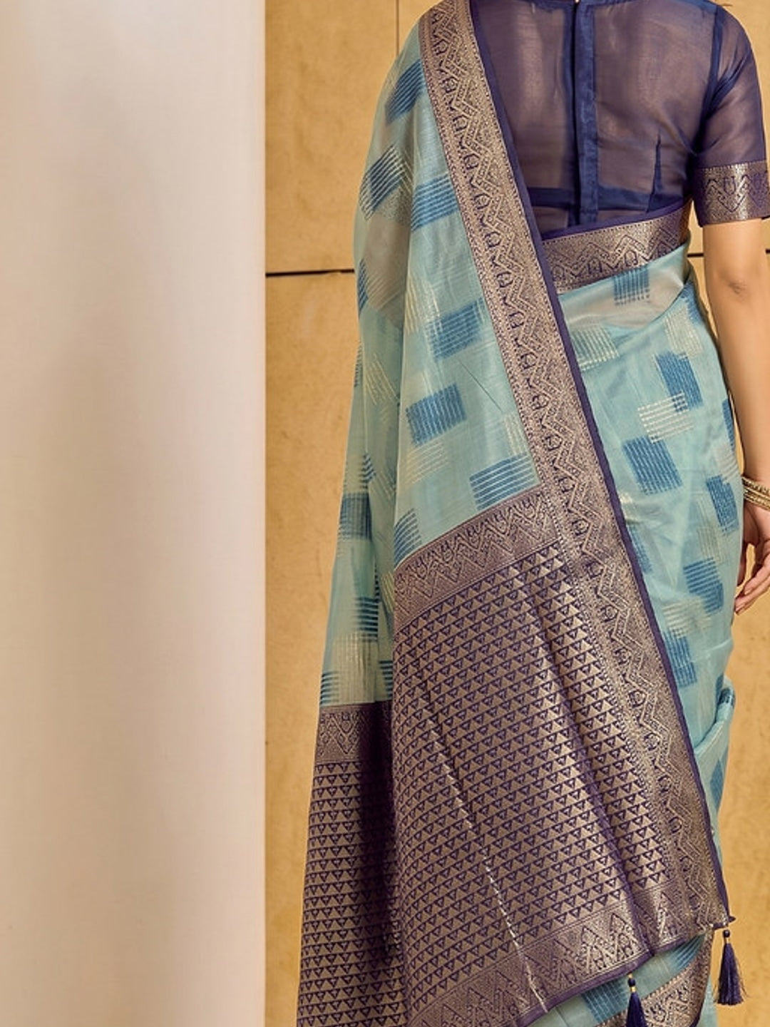 Peachmode Sky Blue Linen Cotton Woven Saree - Image 5