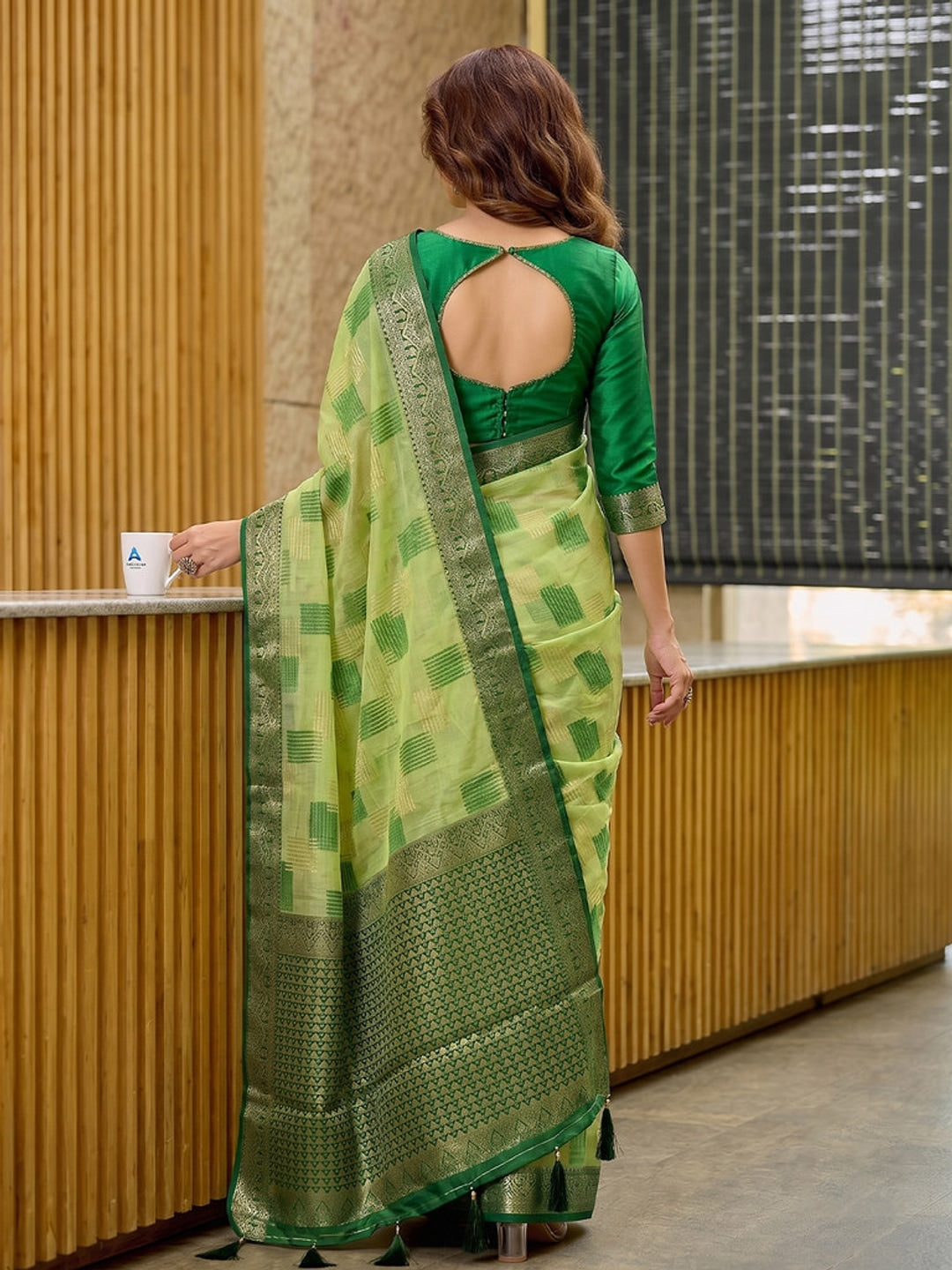 Peachmode Light Green Linen Cotton Woven Saree - Image 3