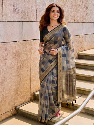 Peachmode Grey Linen Cotton Woven Saree - Image 1