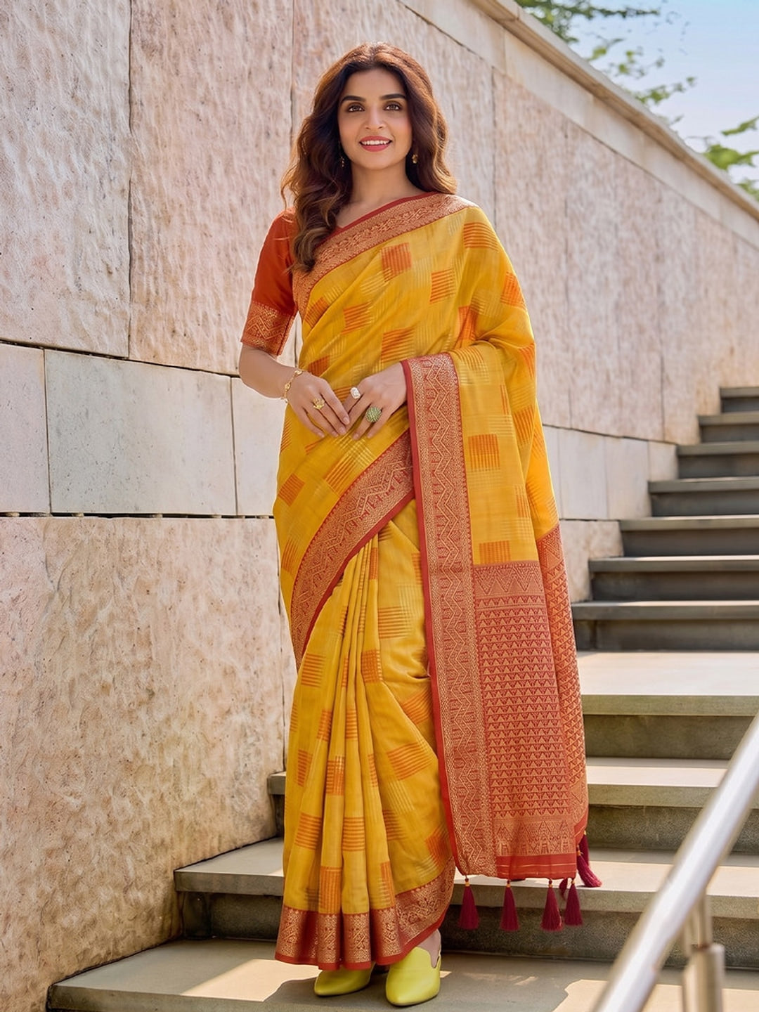 Peachmode Yellow Linen Cotton Woven Saree - Image 1