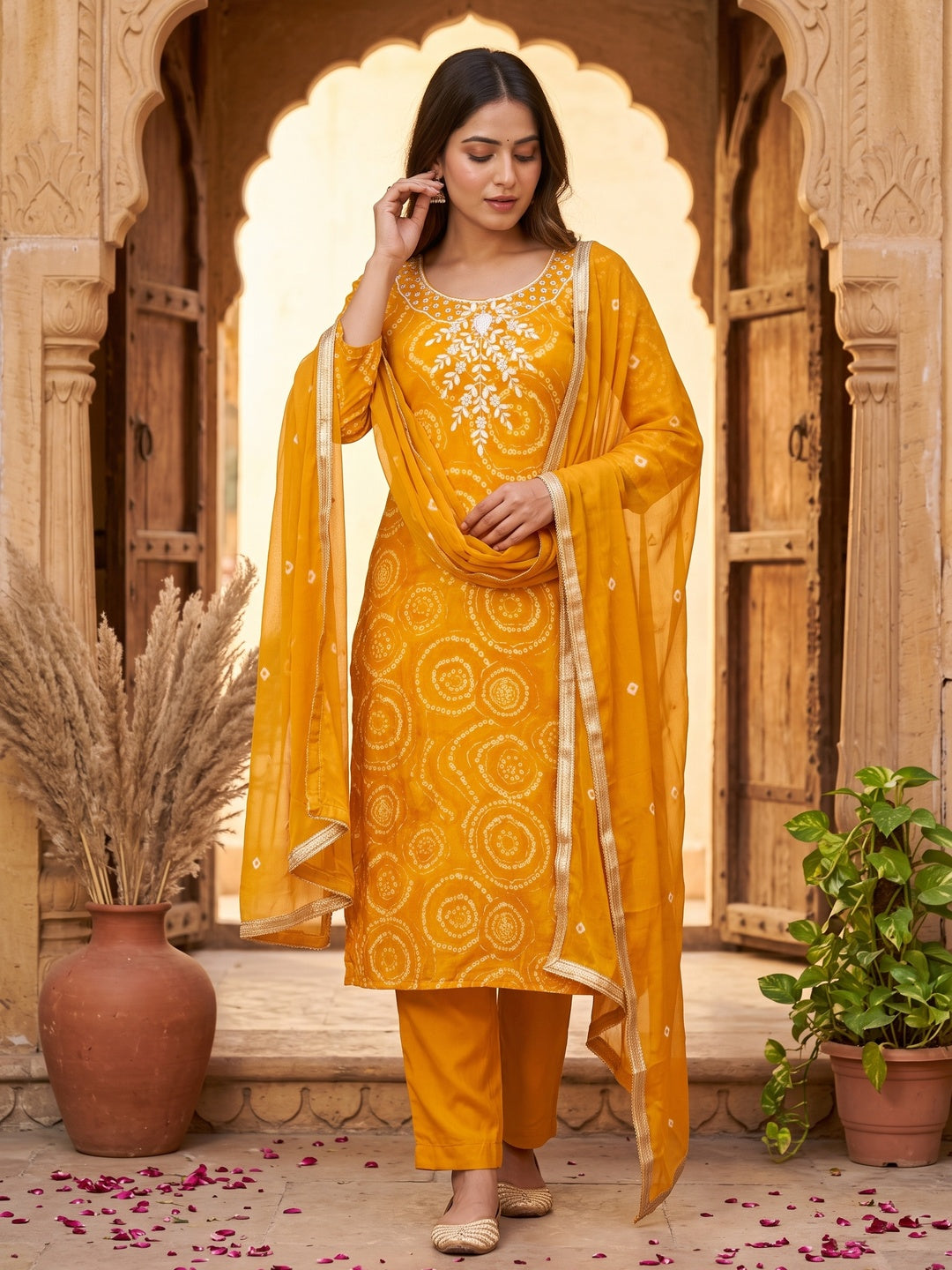 Peachmode Cambric Cotton Mustard Unstitched Dress Material - Image 1