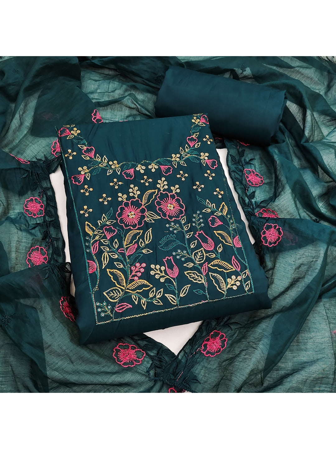 Peachmode Teal Embroidered Roman Silk Dress Material - Image 2