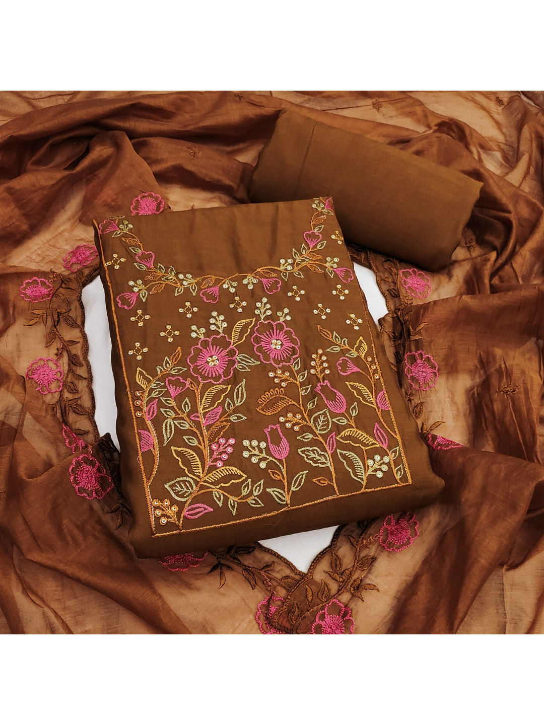 Peachmode Brown Embroidered Roman Silk Dress Material - Image 2
