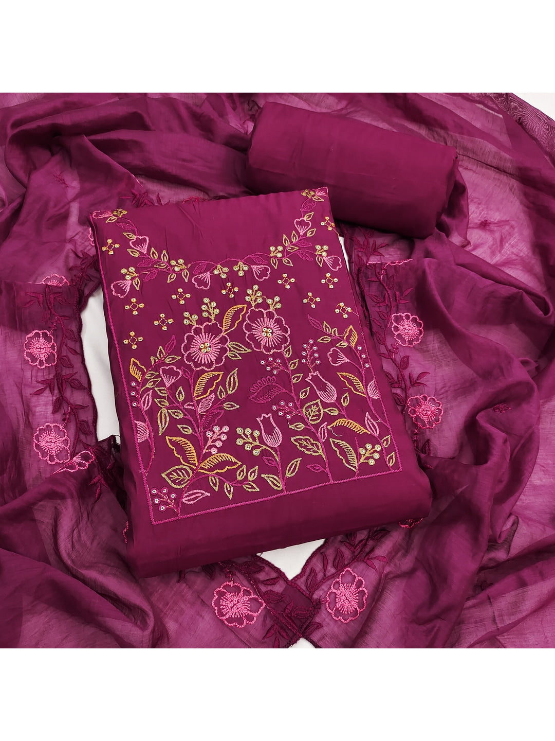 Peachmode Magenta Embroidered Roman Silk Dress Material - Image 2