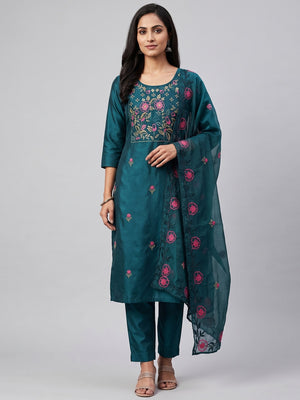 Peachmode Teal Embroidered Roman Silk Dress Material - Image 1