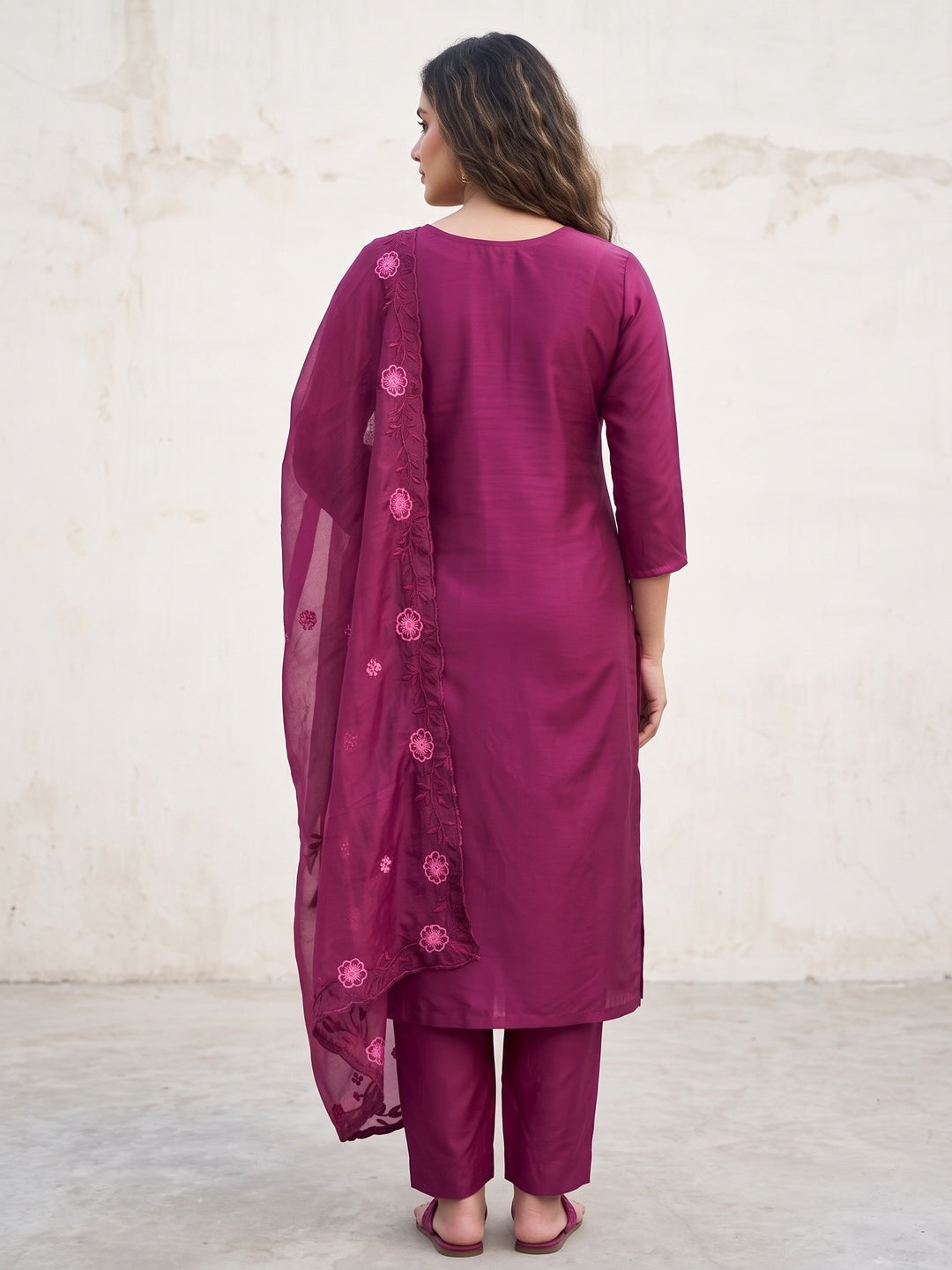 Peachmode Magenta Embroidered Roman Silk Dress Material - Image 3