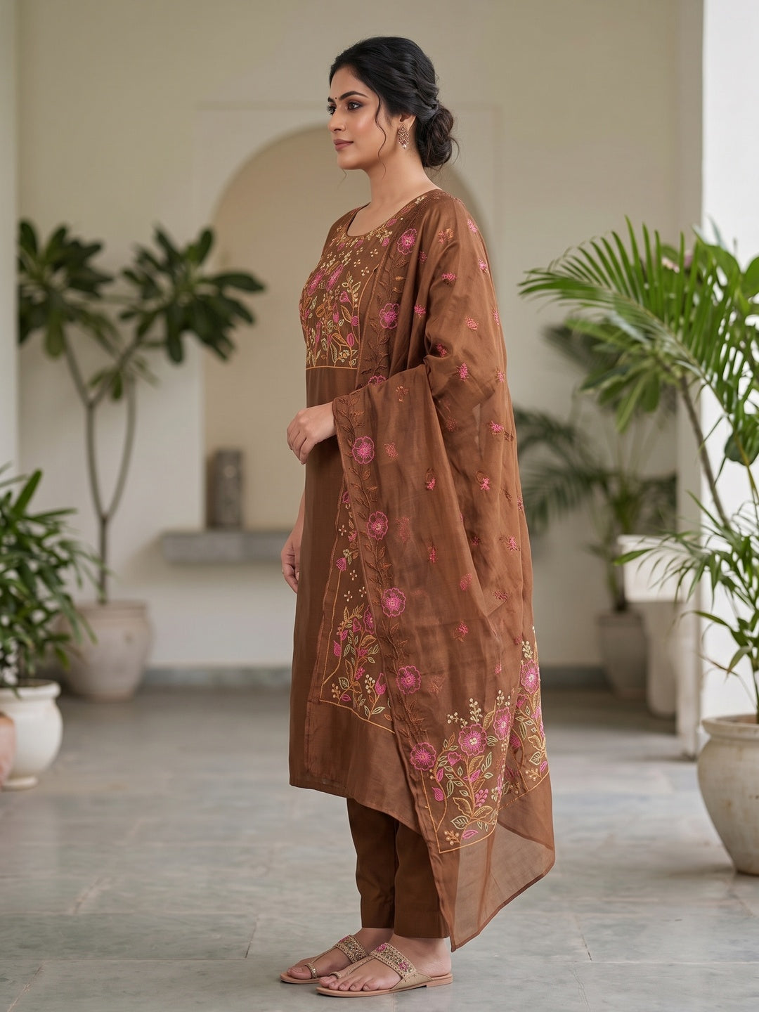 Peachmode Brown Embroidered Roman Silk Dress Material - Image 4