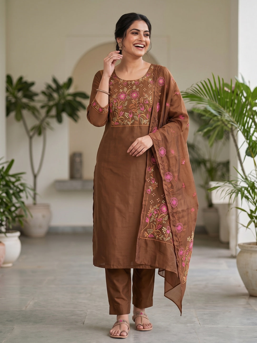 Peachmode Brown Embroidered Roman Silk Dress Material - Image 5