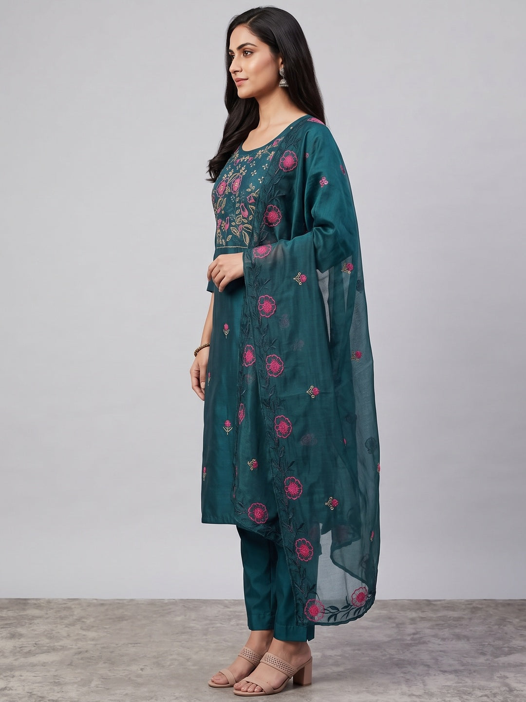 Peachmode Teal Embroidered Roman Silk Dress Material - Image 4