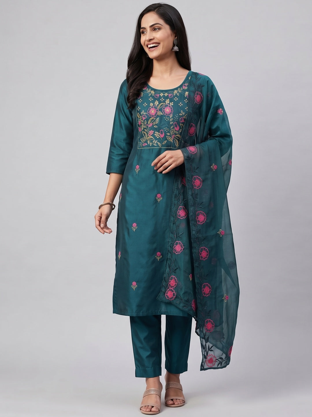 Peachmode Teal Embroidered Roman Silk Dress Material - Image 5