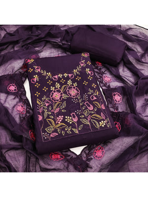 Peachmode Deep Purple Embroidered Roman Silk Dress Material - Image 2