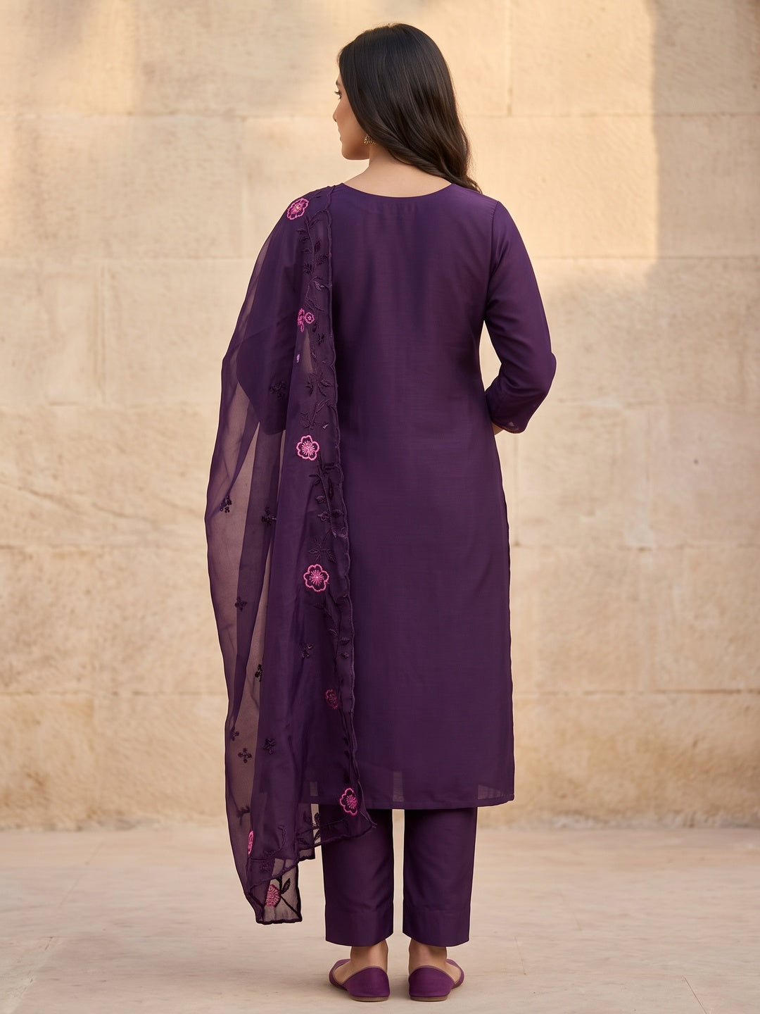 Peachmode Deep Purple Embroidered Roman Silk Dress Material - Image 3
