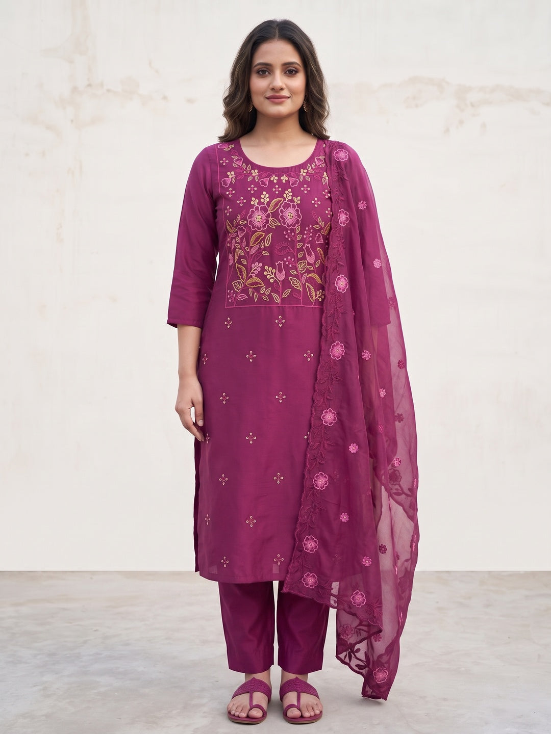 Peachmode Magenta Embroidered Roman Silk Dress Material - Image 1