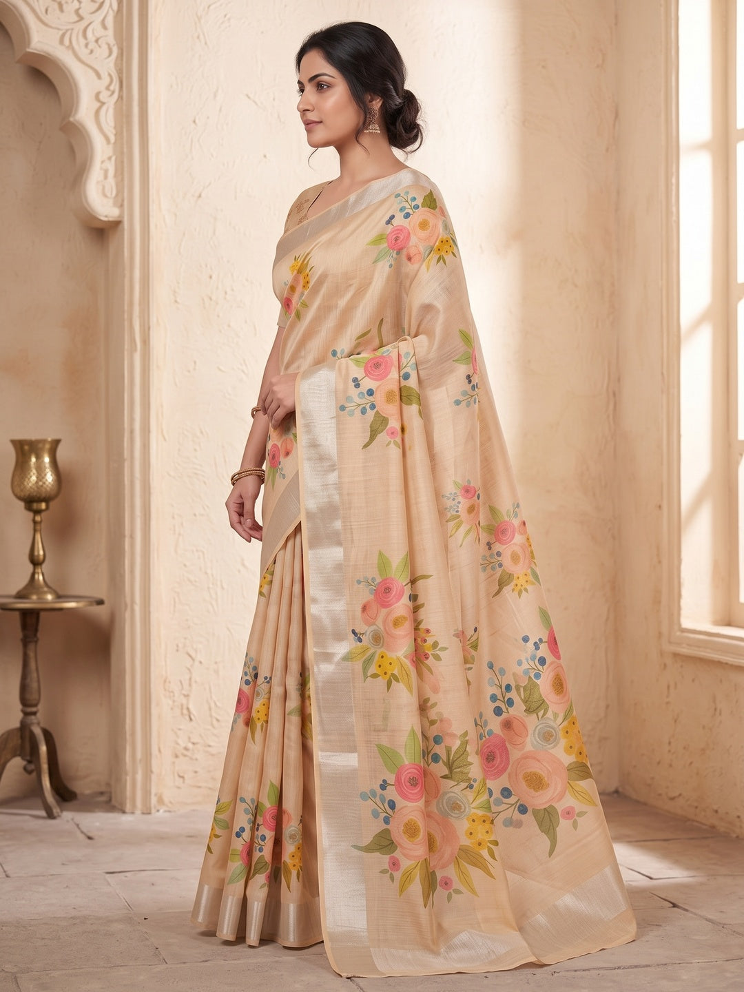 Peachmode Chikoo Botanical Floral Printed Art Silk Saree - Image 2