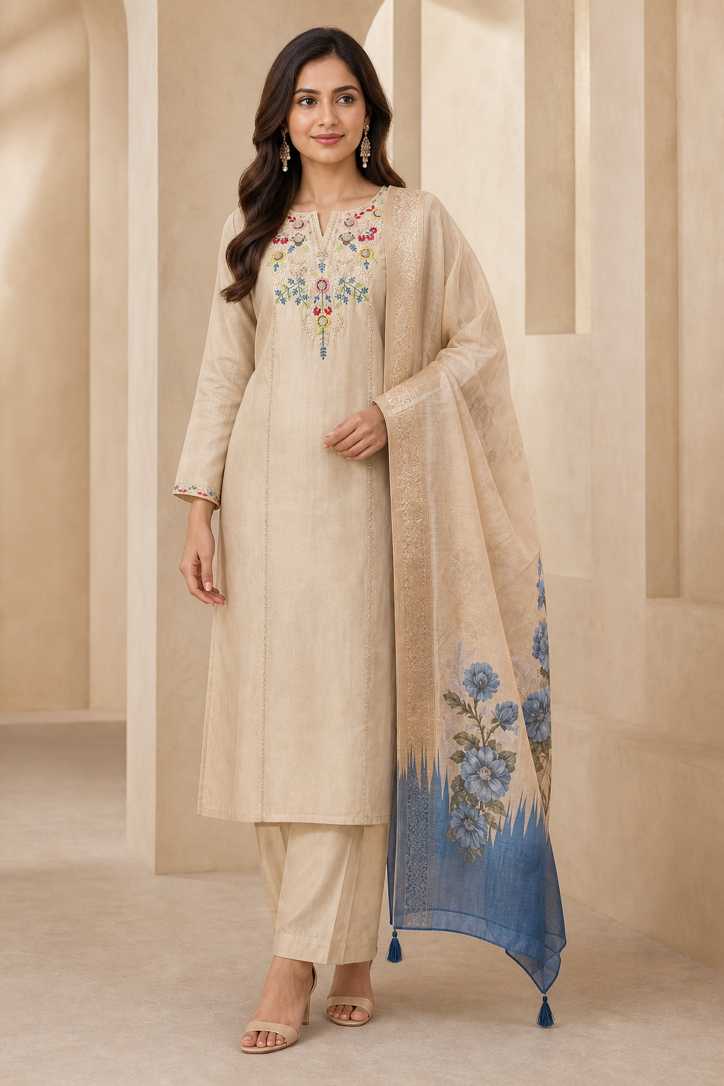 Chikoo Mul Chanderi Floral Embroidered Salwar Suit Set - Image 1