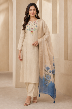 Chikoo Mul Chanderi Floral Embroidered Salwar Suit Set - Image 1