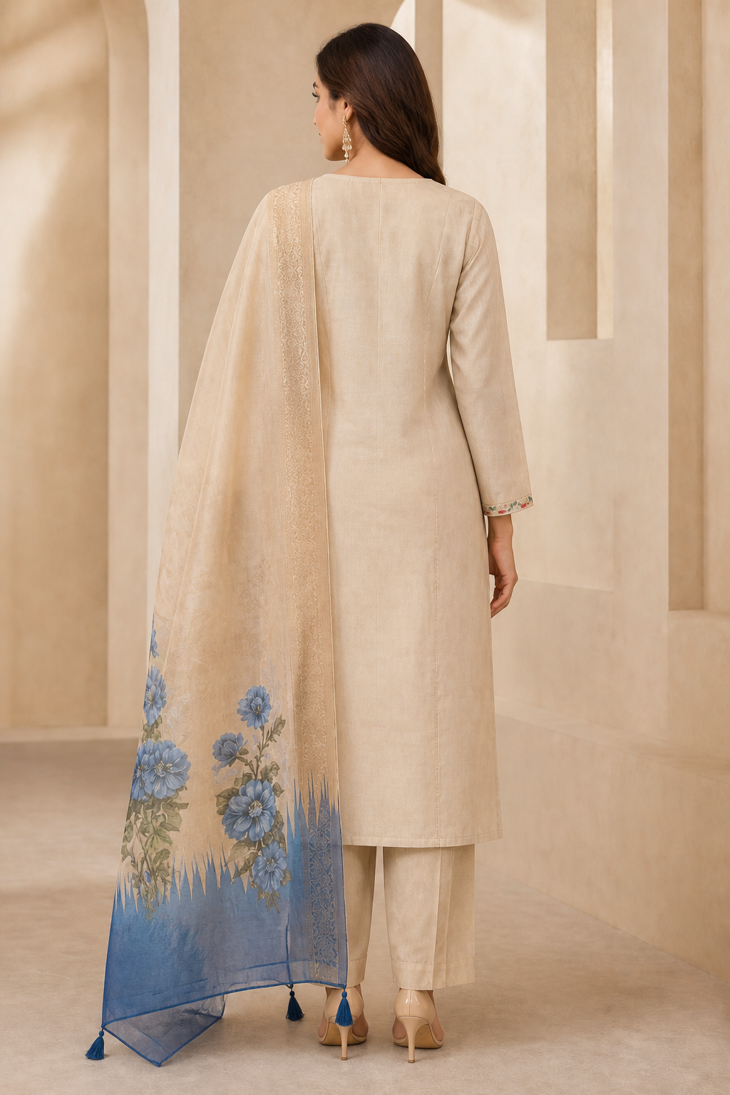 Chikoo Mul Chanderi Floral Embroidered Salwar Suit Set - Image 4